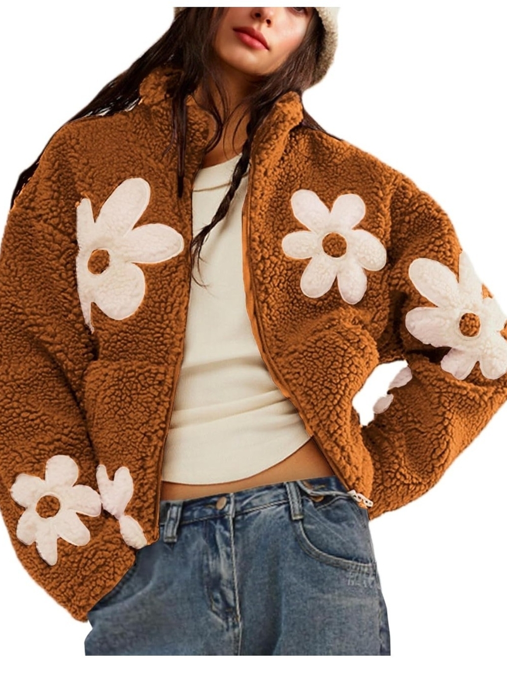 Hollywood Rage Wholesale Brown Teddy Jacket with White Daisy Appliqués